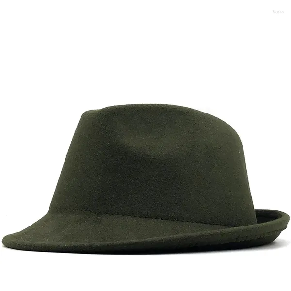 Berets Einfache grüne Wollfilzhut Cowboy Jazz Cap Trend Trilby Fedoras Panama Chapeau Band für Männer Frauen 56-58 cm