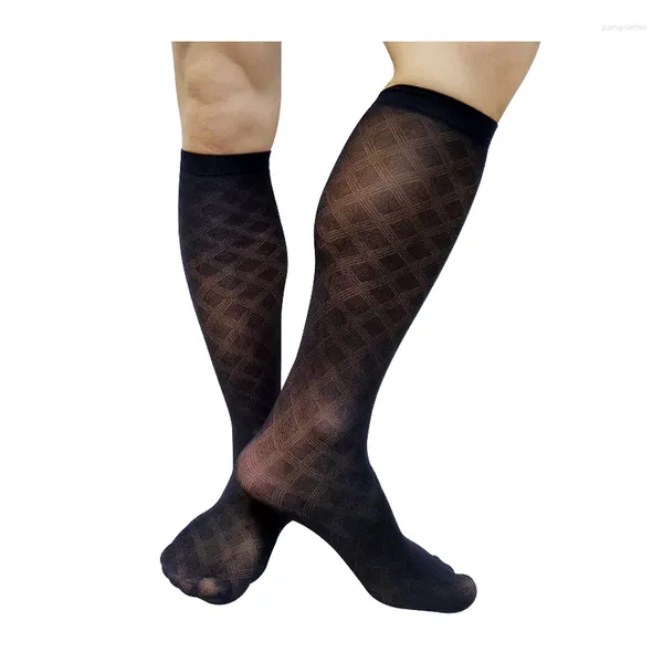 Herrensocken, durchsichtig, dünn, weich, für Herren, Anzug, formell, sexy, durchsichtig, schwarz, kariert, Strumpf, kniehoch, langer Schlauchschlauch