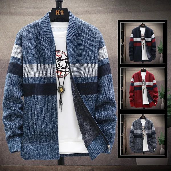 Mens Sweaters Cardigan Homem Jersey Casaco Autumnwinter Fleece Sweater Zipper Moda Baseball Collar Stripe Jacket Chenille Blazer 231021