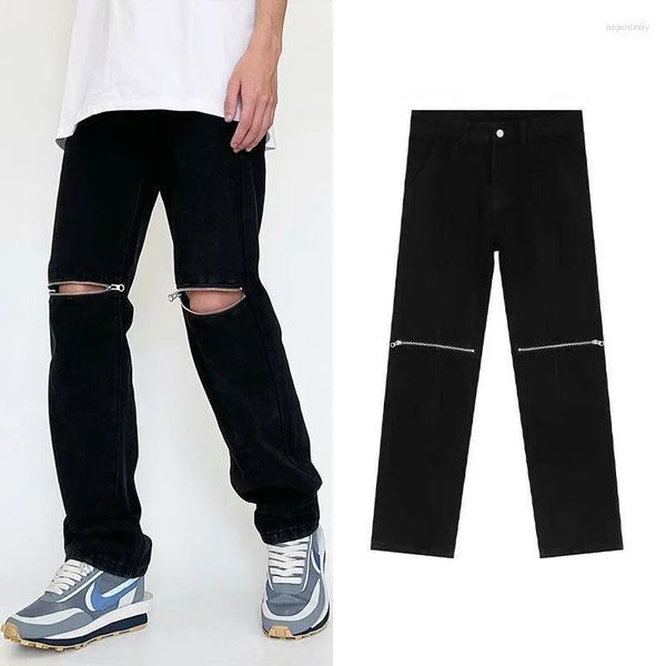 Jeans masculinos homens joelho buraco rasgado estiramento magro denim calças cor sólida preto outono verão hip-hop estilo slim fit zíper