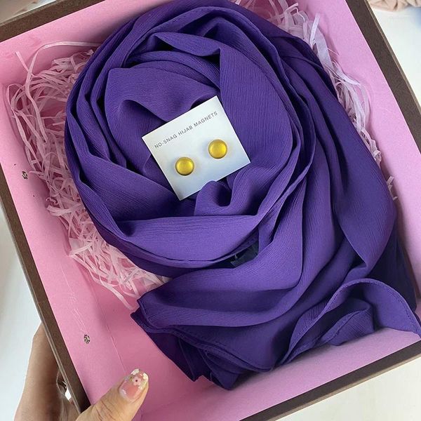 Abbigliamento etnico Moda Pianura Crepe HIjabs Sciarpa di chiffon pesante Scialli morbidi Involucri increspati Forti spille magnetiche in metallo per Foulard musulmano