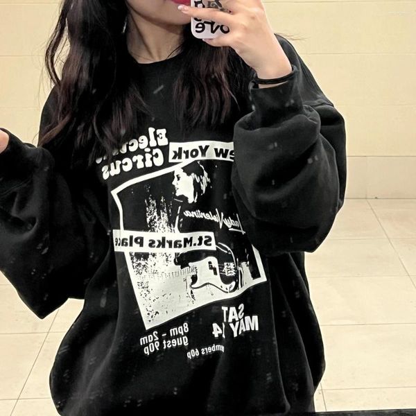 Kadın Hoodies Vintage Punk Guitar Adam Figür Y2K Baskılı Sweatshirt Pullover Siyah Pamuk Kış Büyük Boyutları Amerikan Hip Hop