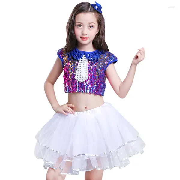 Abbigliamento da palcoscenico per bambini, danza moderna, ragazza, jazz, paillettes, costumi hip-hop, completo per ragazze, 2 pezzi S e gonna