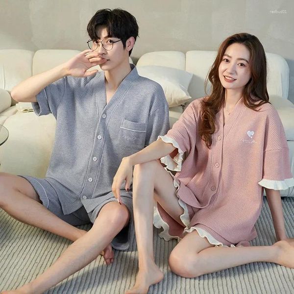 Мужская одежда для сна Пижамы Пижамы Летние пижамы Корейские шорты Вафельные комплекты домашней одежды для пар Повседневная молодежная хлопковая мода для