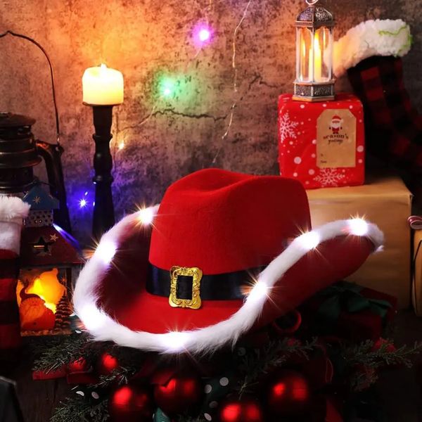 Cappelli a tesa larga Cappelli a secchiello Cappelli da cowboy di moda natalizia LED Velluto rosso luminoso e piume bianche Cappello da Babbo Natale Donne Ragazze Cosplay Tiara Anno Decorazioni per feste 231021