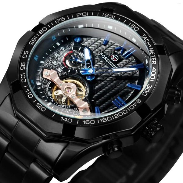 Relógios de pulso Forsining Sports Mens Relógios Top Tourbillon Esqueleto Automático Mecânico Luminoso Mãos de Aço Inoxidável