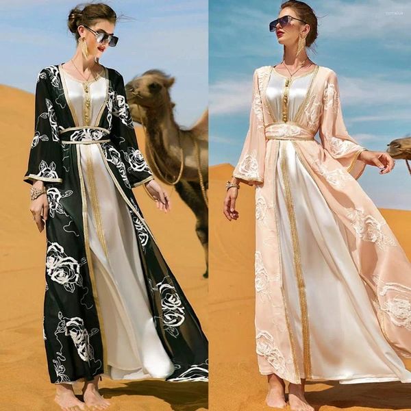 Ethnische Kleidung 2 Stück Eid Ramadan Abayas für Frauen Kimono Offene Strickjacke Innenkleid Set Dubai Kaftan Marokkanische Türkei Muslim Afrikanischer Islam