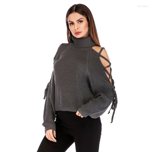 Frauenpullover 2023 Rollkragenpullover Jumper Herbst Lace Up Langarm Schulterfrei Winter Frauen Lose Pullover OS261