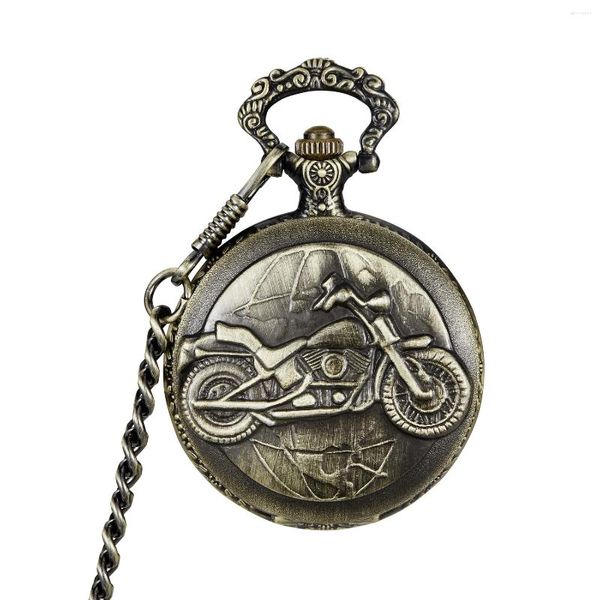 Relógios de bolso bronze dial motocicleta moto moto relógio mecânico corrente esculpida steampunk fob relógio presentes 2023