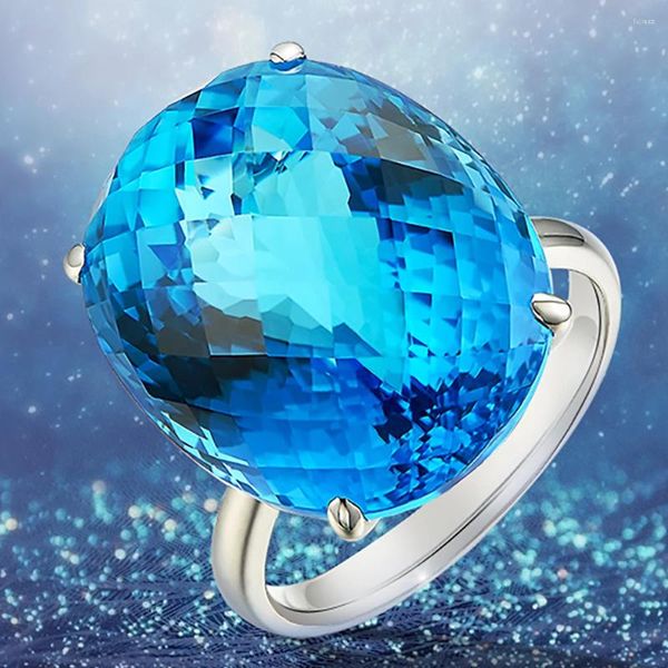 Anéis de cluster 18k au750 anel de ouro branco mulheres casamento aniversário festa de noivado azul oval topázio elegante romântico na moda bonito