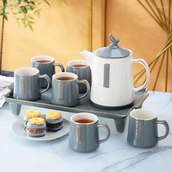 Set da tè Set da tè in ceramica nordico semplice Set da tè moderno e leggero per uso domestico di lusso 1 pentola 6 tazze 1 vassoio Confezione regalo di acqua Pentola Bar Decora