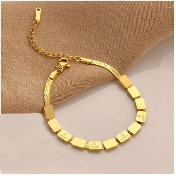 Braccialetti con ciondoli Bracciale quadrato piccolo in acciaio al titanio con lettere d'amore dorate incise, regalo di lusso per la moglie, fidanzata, San Valentino