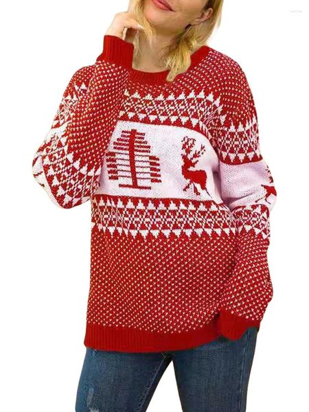 Kadın Sweaters Noel Uzun Kollu Yuvarlak Boyun Ren Geyiği Geometrik Baskı Külot Gündelik Örgü Üstler