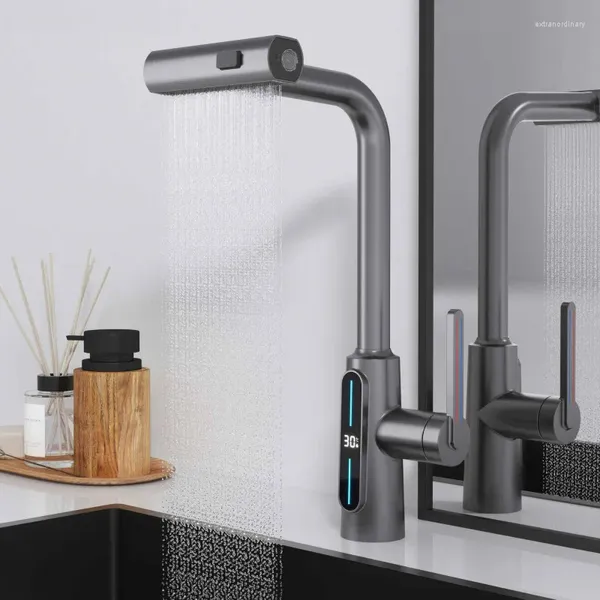 Rubinetti della cucina Rubinetto Display digitale Estraibile Miscelatore per lavello con rotazione in ottone senza piombo e freddo Rubinetto per lavabo stile wallfall cromato bianco