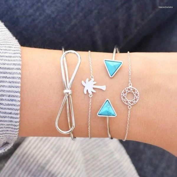 Bağlantı Bilezikleri 4pcs Geometrik Üçgen Bilek Seti Hindistan Cevizi Ağacı İçi Boş Yay Charm Boho Bangles Kadınlar Bilek Zinciri Hediyeleri