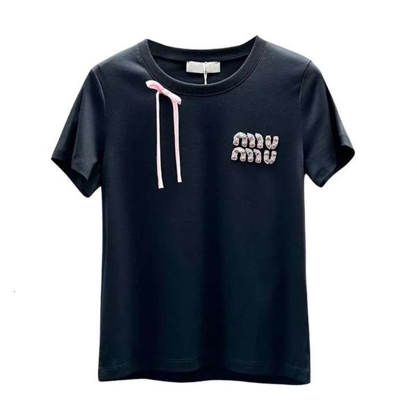 Miumius T-Shirt Designer Luxusmode Damen Hohe Kurzarm Für Damen Neue Sommer Modische Diamanten Mit Lose Buchstaben Baumwolle Top Mode