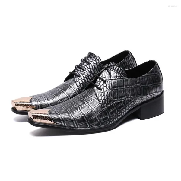 Sapatos de vestido homens couro genuíno metal quadrado aço toe oxfords casamento preto padrão de crocodilo lace up formal