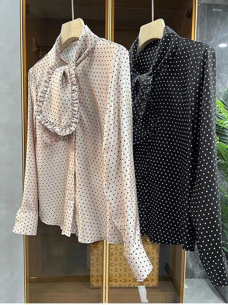 Blusas femininas Top End Mulheres Moda Real Silk Polka Dot Manga Longa Blusa Slim Senhora Elegante All Match Cachecol Collar Único Breasted Camisa