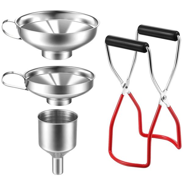 Garrafas de armazenamento Frascos 4 Pcs Funil de Aço Inoxidável Pode Levantar Pinças Conjunto Canning Funis Filtro Mason Jar Vidro Levantador com Aperto Ferramentas de Cozinha 231023