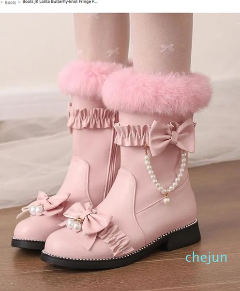 Botas JK Lolita Borboleta-nó Fringe Fur String Bead Snow Ankle Inverno 2023 Baixo Salto Princesa