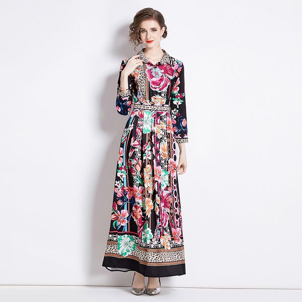 Retro floral maxi 2024s vestido nova mulher designer clássico lapela formal botão camisa vestidos 2023 outono inverno férias manga longa impressão magro ruched es