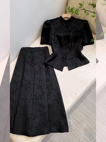 Arbeitskleider Sommer Schwarz Chinesische Traditionelle Kleidung Hanfu Retro Kurzarm Tang-Anzug Cheongsam Damen Streetwear 2 Stück