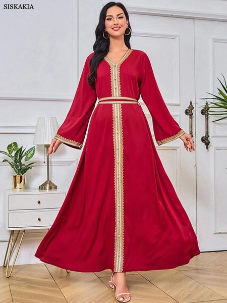 Abbigliamento etnico Siskakia Moda Solid Abaya Nastro islamico Trim Manica intera Scollo a V Con cintura Elegante Casual Caftano marocchino per le donne