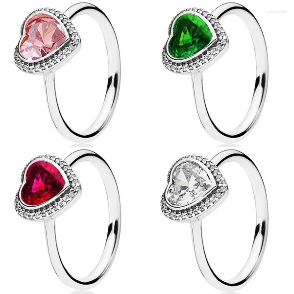 Anéis de cluster Original Espumante Amor Coração Glamour Anel com Rosa Verde Vermelho Cristal Fit 925 Sterling Silver Europa DIY Jóias