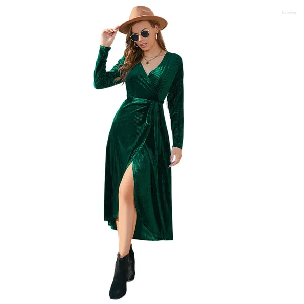 Lässige Kleider für Damen, elegant, aus Samt, formelles Partykleid, Schnürung, Verband, A-Linie, Schlitz, lang, mit Krawatte, Taille, Ärmel, Wickel, V-Ausschnitt, Maxi