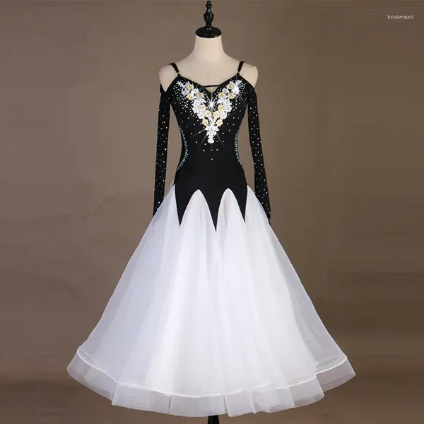 Sahne Giyim Balo Salonu Dans Elbiseleri Uzun Kollu Foxtrot Dans Etek Kadınlar Waltz Elbise Beyaz MQ028