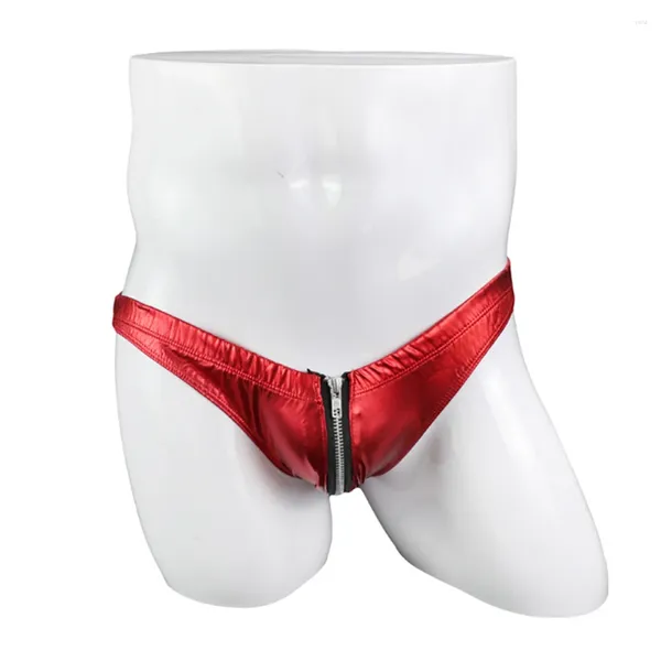 Cuecas homens molhado olhar falso couro zip bikini briefs roupa interior brilhante bulge bolsa g-string tangas 2023 masculino erótico sissy lingerie