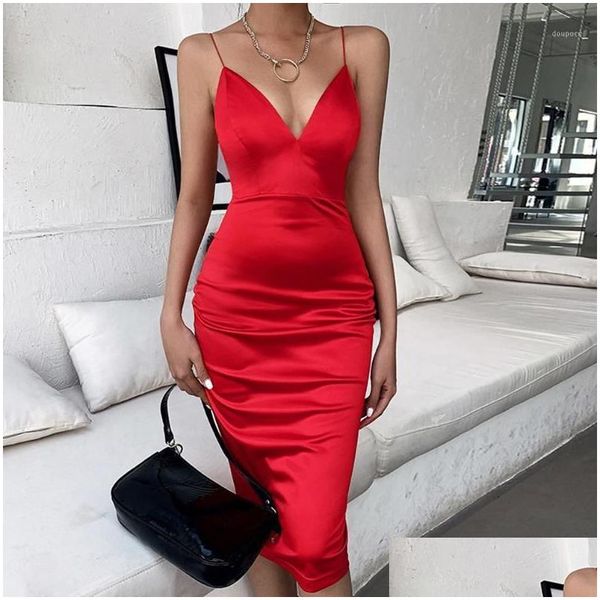 Vestidos Casuais Básicos 2022 Off Shoder Sexy Dress Mulheres Bodycon Verão Cetim Slip Strappy Backless V Neck Party Vestidos de Fiesta N Dhlqt