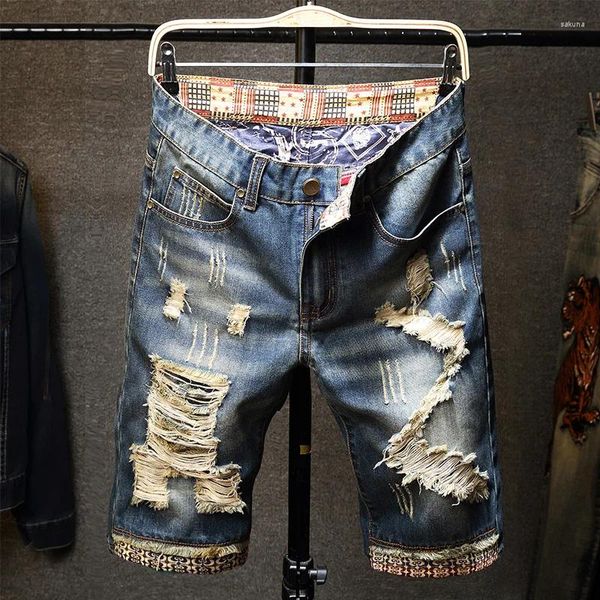 Shorts masculinos 2023 verão rasgado tipo jeans streetwear bi ole fasion vintae azul magro denim sortes marca clotes