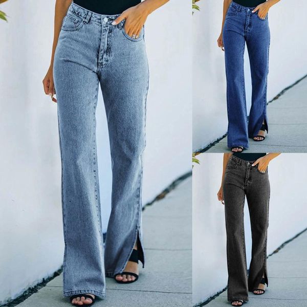 Damen-Jeans, Damenhose, lässig, geteilter Saum, Reißverschluss, Tasche, weites Bein