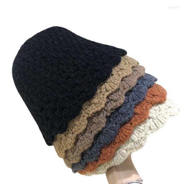 Beanies Beanie / Skull Caps Mão Crocheted Balde Chapéu Feminino Grande Circunferência de Cabeça Redonda Rosto Versátil Fio De Veludo De Malha Curto