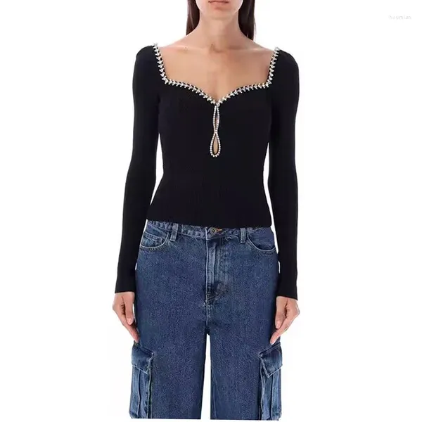 Женские свитера 2023, французские черные стразы с декоративными краями, сексуальный женский квадратный воротник с длинными рукавами, тонкий вязаный топ, базовая рубашка Y2k