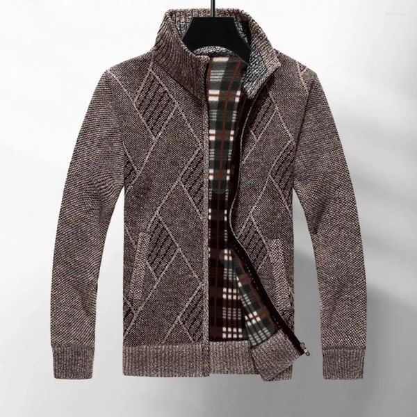 Herrenpullover Herren Strickmantel Herbst Winter Jacke Stehkragen Pullover Reißverschluss Langarm Strickwaren Geometrischer Druck Mittellang