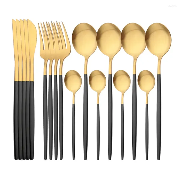 Conjuntos de louça 16 pcs Matte Black Gold Set Aço Inoxidável Faca Garfo Colher Talheres Cozinha Talheres Talheres