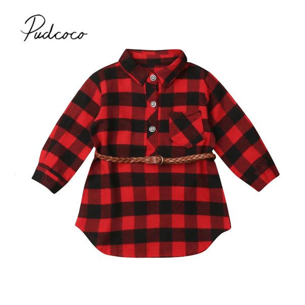 Mädchenkleider Marke Weihnachten Kleinkind Kind Baby Mädchen Langes Hemd Kleid Tops Langarm Rot Plaid Gerade Knielanges Kleid Gürtel 0-5Y 231023