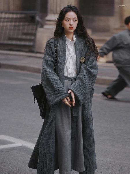 Malhas femininas Famoso Designer Coreano Mulheres Manga Longa Maxi Lã Suéter Cardigan Aberto Floaty Cardigans