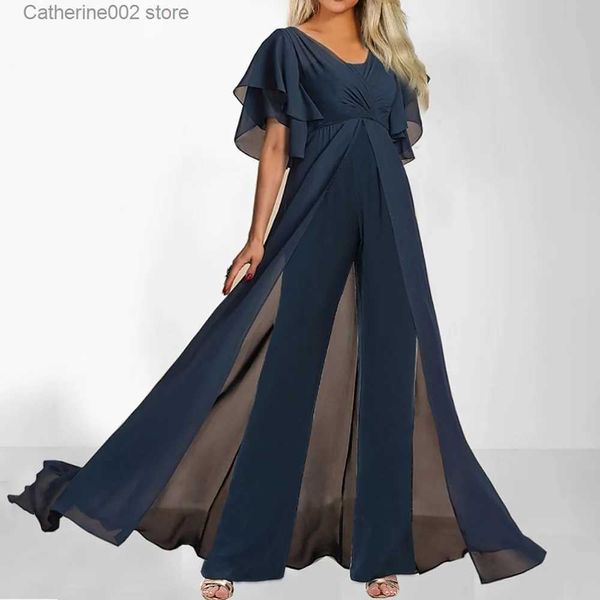 Damen-Overall, Strampler, Overall mit hoher Taille, Overall, elegant, für Damen, solide, gerade, weites Bein, lange Hosen, Strampler mit kurzen, ausgestellten Ärmeln, V-Ausschnitt, Einteiler, T231023