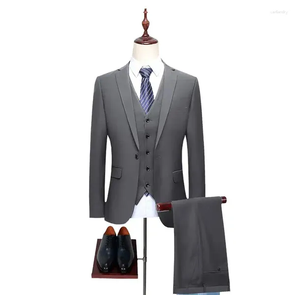 Мужские костюмы, мужской костюм-тройка, приталенный деловой смокинг для свадьбы, выпускного вечера, жениха, черный, синий, серый пиджак, брюки, жилет