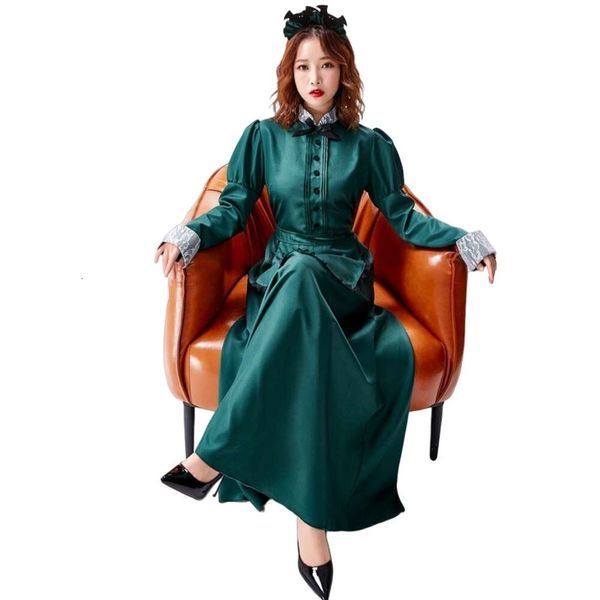 Costume di Halloween Donna Designer Costume Cosplay Costume di Halloween Colletto verde scuro Temperamento in pizzo Cameriera Abito lungo Regalo Cosplay Copricapo da pipistrello