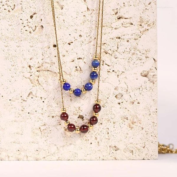 Kolye Kolye 4mm Lapis Lazuli Garnet Taş Kolye Altın Boncuklar Titanyum Çelik Zinciri Reiki İyileştirici Takı Kadınlar Erkek Sevenler