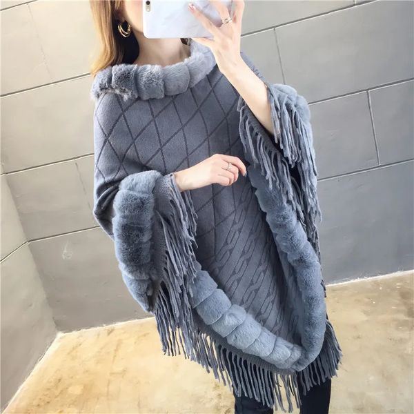 Damen Cape Herbst Winter Nachahmung Kaninchenfell Damen Mantel Nachahmung Wolle Kragen Pullover Schal Wärme Poncho Capes Graue Mäntel 231023