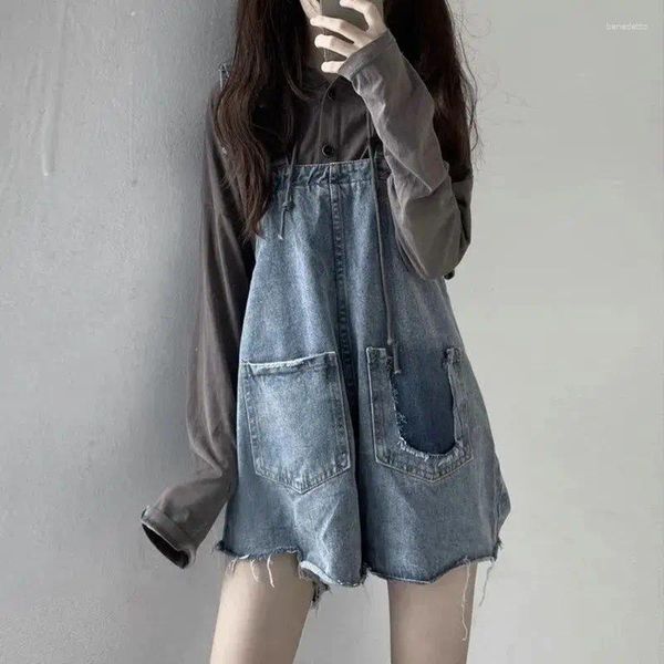 Jeans femininos primavera outono azul denim shorts para mulheres menina japonês kawaii bonito macacão calças macacão roupas vintage