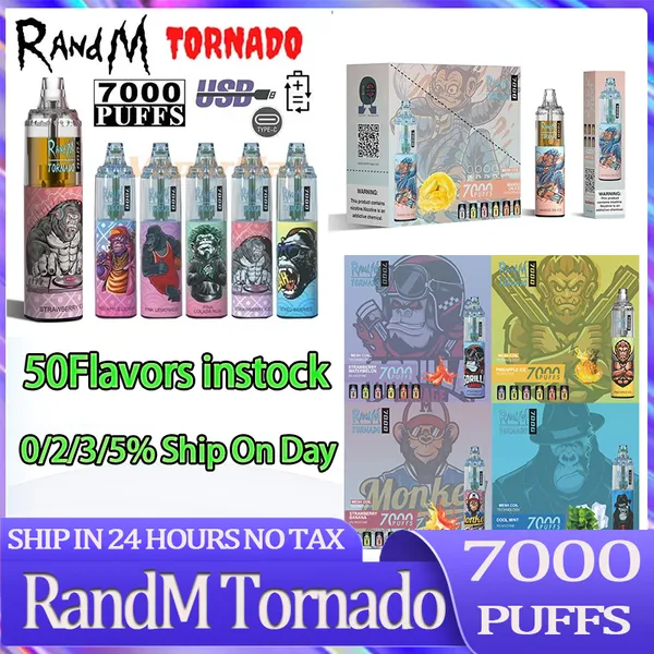 Original RandM Tornado 7000 Puff Descartável Vape Pen Cigarros Eletrônicos 14ml Pod Mesh Bobina 6 Cores Brilhantes Dispositivo Recarregável Ajustável a Ar Puff 7000 Vapes