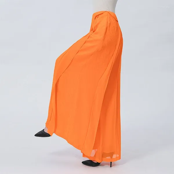 Frauen Hosen Seide Jacquard Orange Natürliche Taille Unsichtbare Zipper Falten Nähte Lose Bedeckt Fleisch Sommer Breite bein Für Frauen KE538
