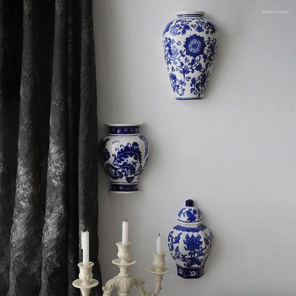 Vasos Britânico Retro Azul e Branco Porcelana Parede Pendurado Vaso Estilo Japonês Pingente Decoração de Casa