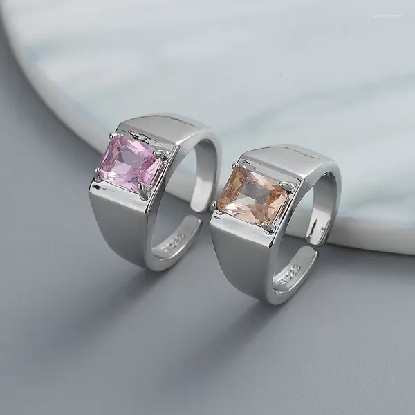 Anéis de cluster moda prata cor rosa marrom pedra quadrada larga aberta anel de dedo ajustável para mulheres menina jóias presente dropship atacado